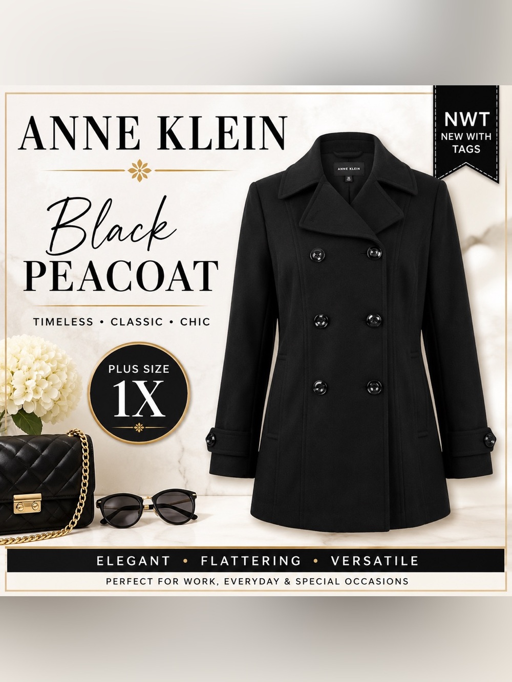 Anne Klein Black Double Breasted Peacoat Jacket Plus Size 1X